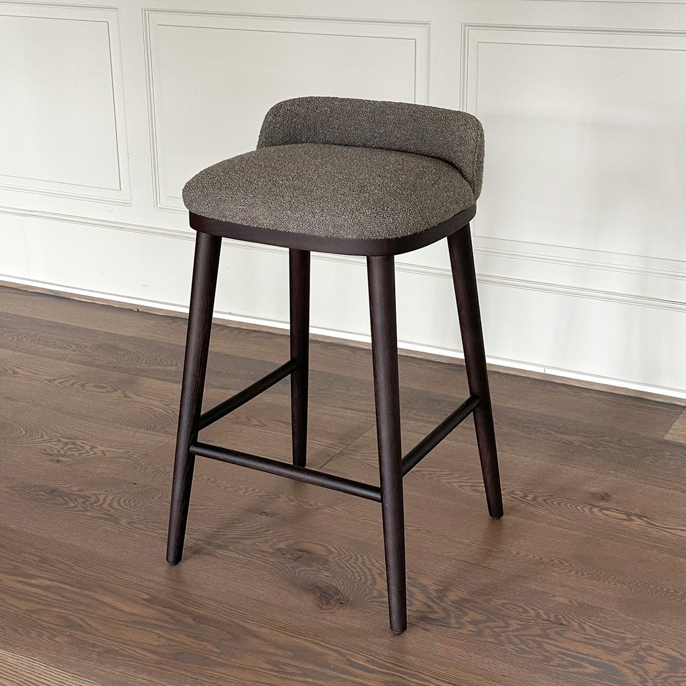 CAINE barstool with dark brown legs and fabric in boucle greige