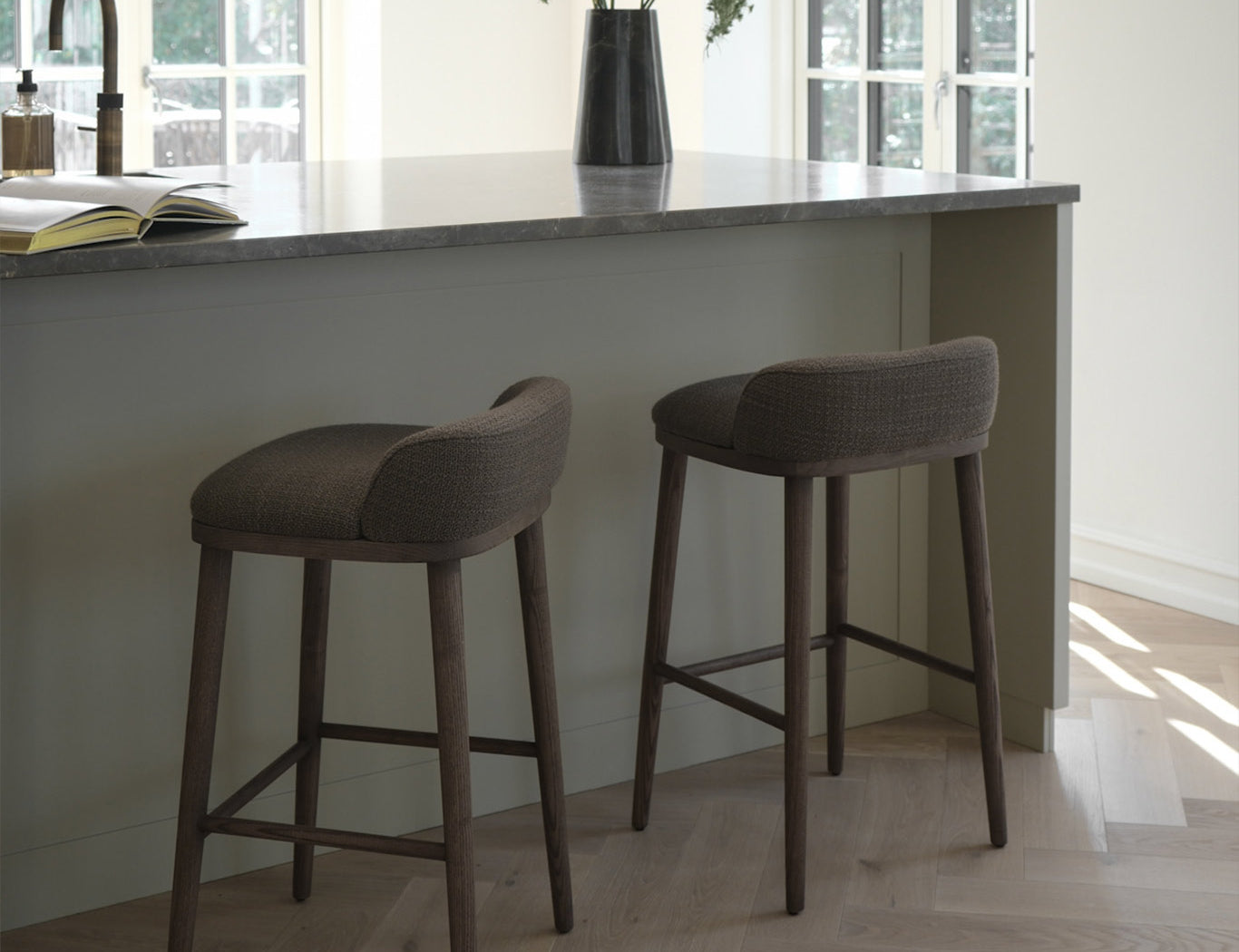 CAINE barstool by BRANDT Collective in Brown Oak and Loom Greige. Designer Julie Brandt