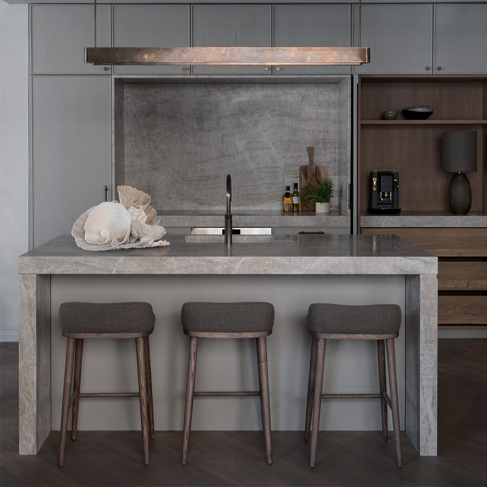 CAINE barstool by BRANDT Collective in Brown Oak and Loom Greige. Designer Julie Brandt