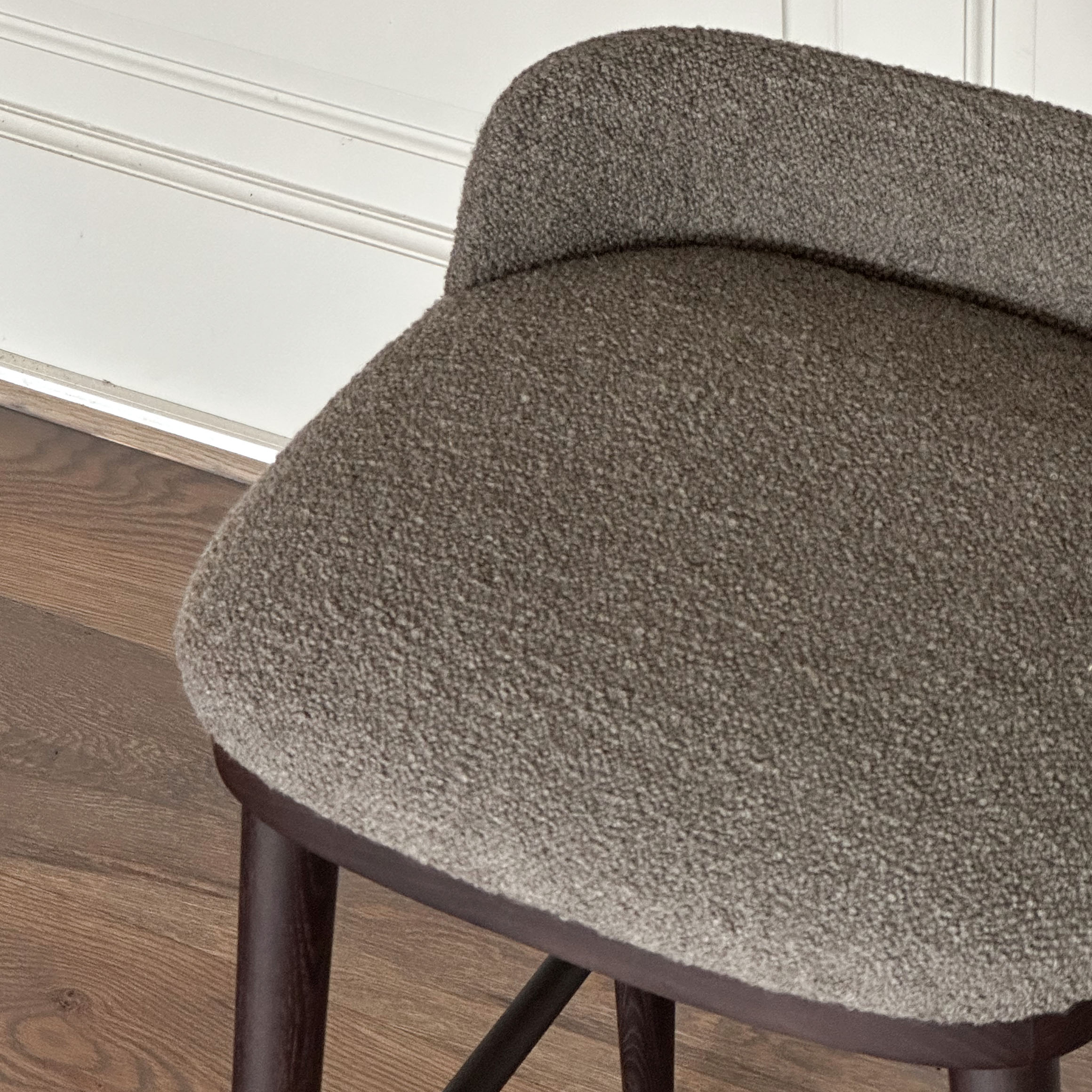 CAINE barstool by BRANDT Collective in dark brown and Boucle Greige. Designer Julie Brandt