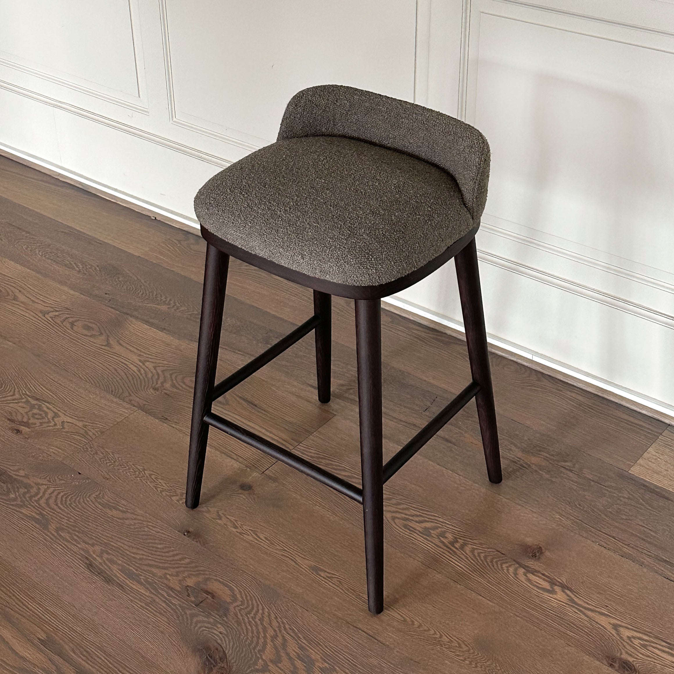 CAINE barstool by BRANDT Collective in dark brown and Boucle Greige. Designer Julie Brandt