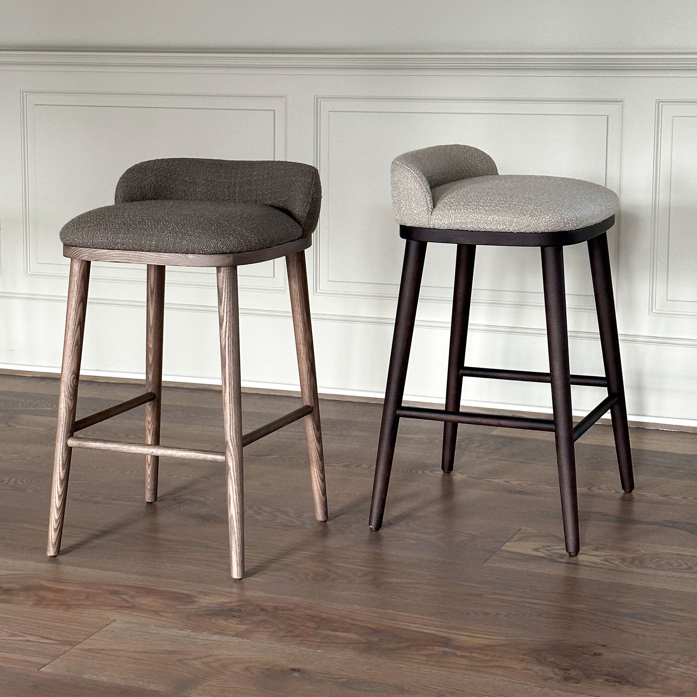 CAINE barstool by BRANDT Collective in dark brown and Loom Beige. Designer Julie Brandt