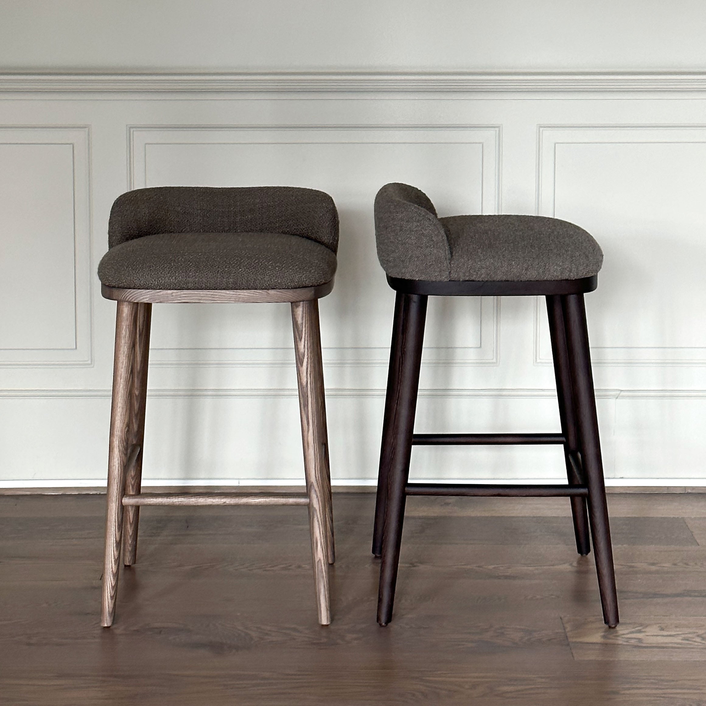 CAINE barstool by BRANDT Collective in dark brown and Boucle Greige. Designer Julie Brandt