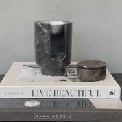 AURA Oil burner from BRANDT Collective in marble Shadow Black and Satin alunimnium bowl