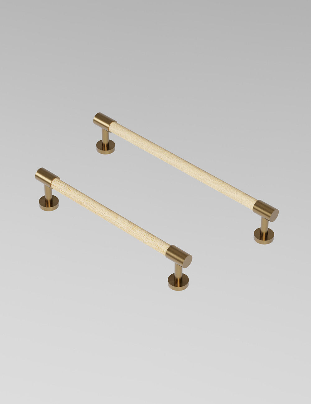 SIGNATURE slim END pull bar 186 mm in Satin Brass/Oak. Modern cabinet hardware made of solid brass by BRANDT Collective.
