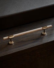 Cabinet handle SIGNATURE slim pull bar 182 mm in Polished Nickel / Oak. Modern cabinet hardware made of solid brass by BRANDT Copenhagen