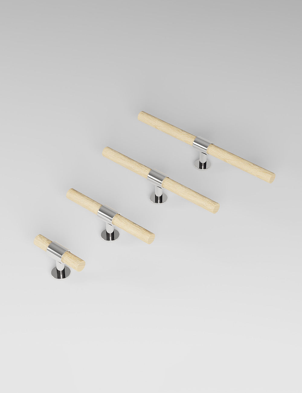 SIGNATURE 20 T-bar handle 113 mm in Polished Nickel/Oak. Luxury cabinet hardware made of solid brass by BRANDT Collective. 