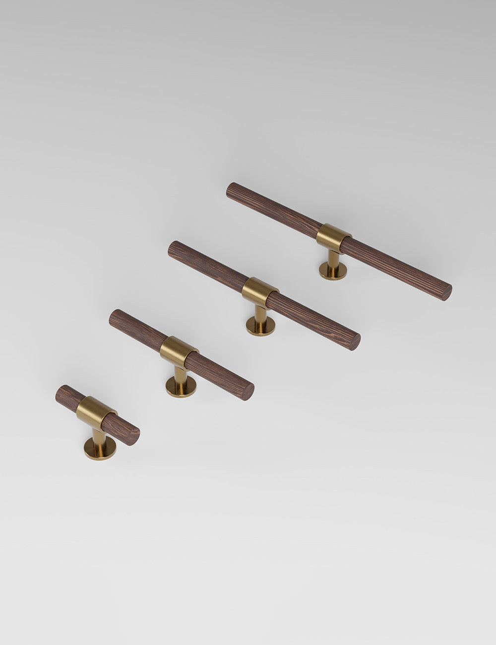 SIGNATURE 20 T-bar handle 113 mm in Satin Brass/Wenge. Luxury cabinet hardware made of solid brass by BRANDT Collective. 
