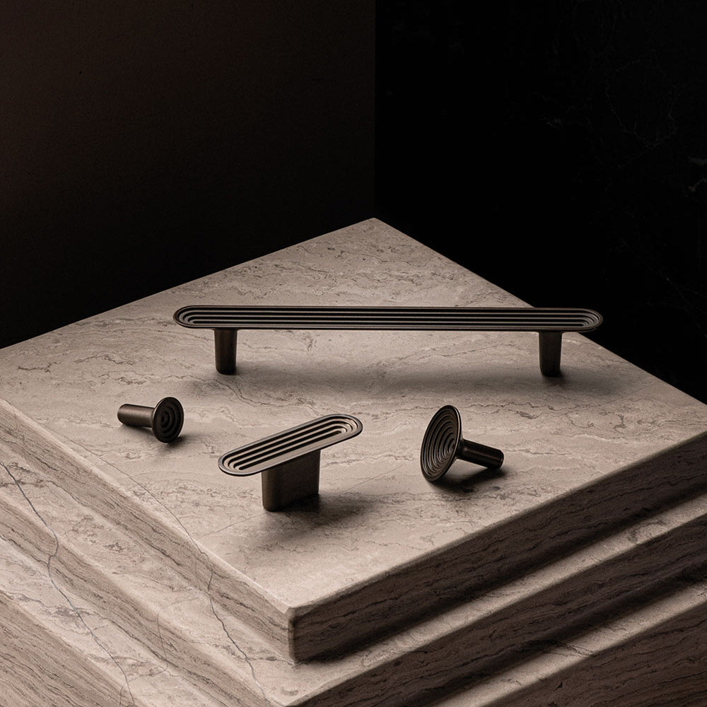 TERRACE hardware collection with knobs, t-bars, pull bars and appliance pulls. BRANDT Collective in collab with Norm Architects.