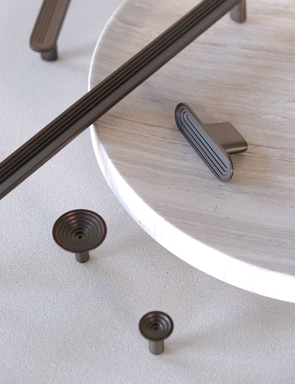 TERRACE collection in Burnished Brass by BRANDT Collective. A hardware collection in collab with Norm architects consisting of knobs, T-bars and pull bars.