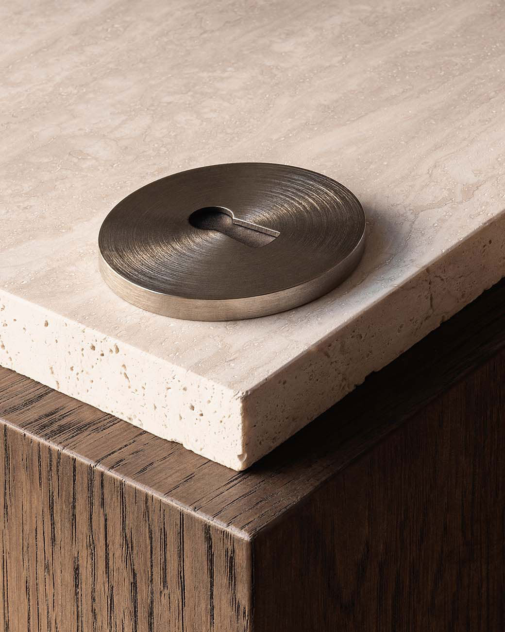 BRANDT key escutcheon set made of solid brass in the finish Satin Nickel with hidden screws. Designed by Julie Brandt. for BRANDT Copenhagen.