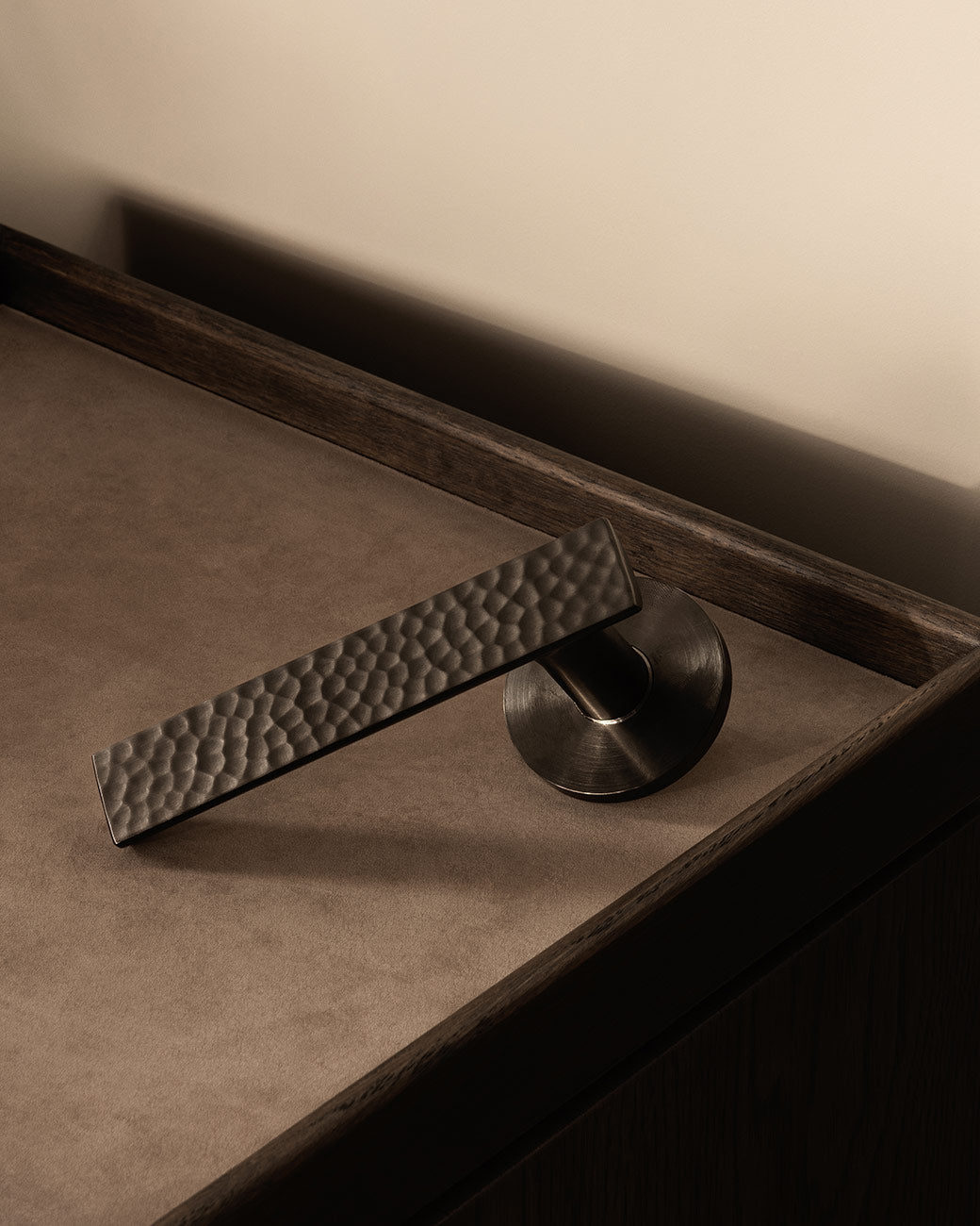 CARVE door handle set in Gunmetal by BRANDT Copenhagen. Designed in collab with Norm architects.