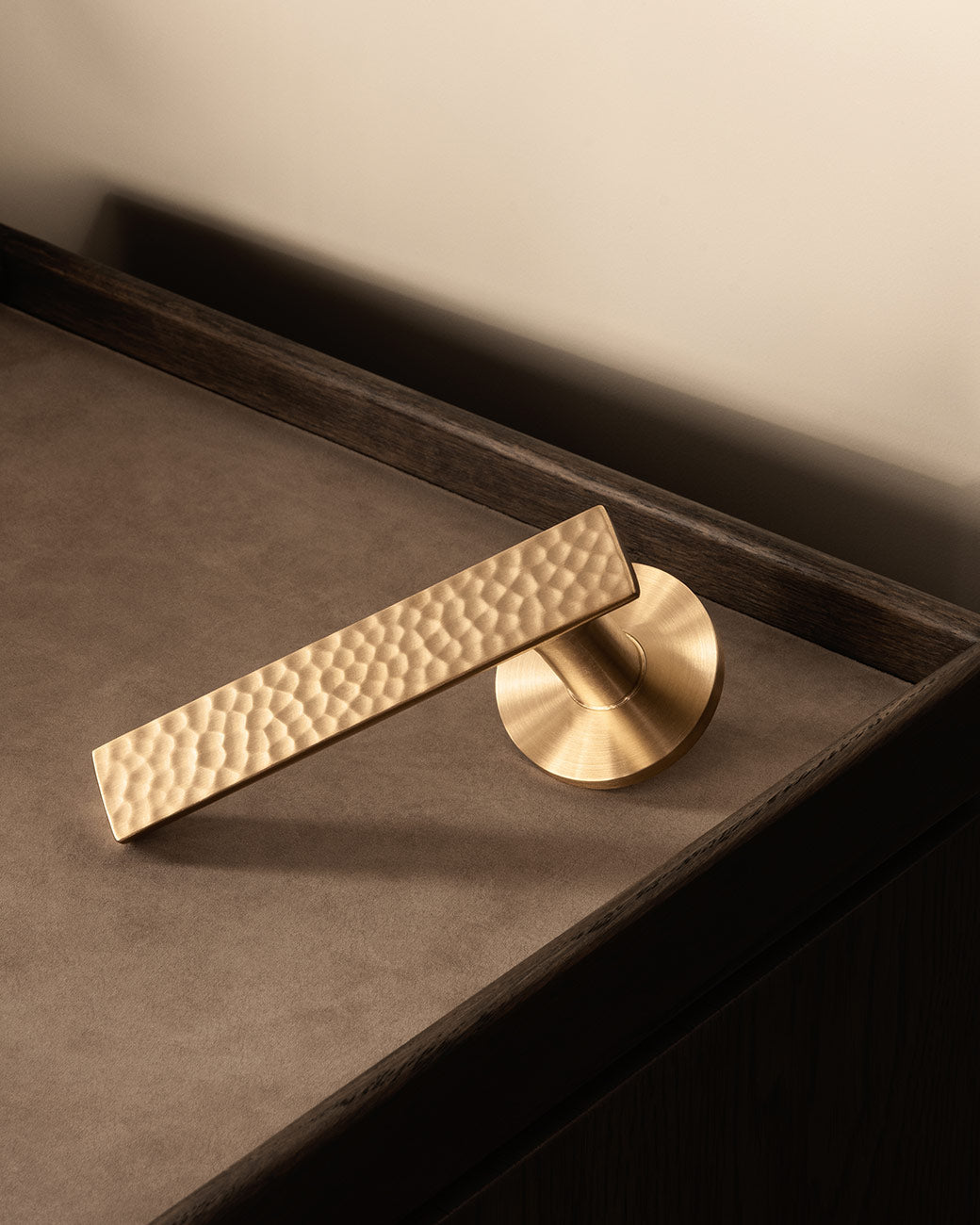 CARVE door handle set in Satin Brass by BRANDT Copenhagen. Designed in collab with Norm architects.