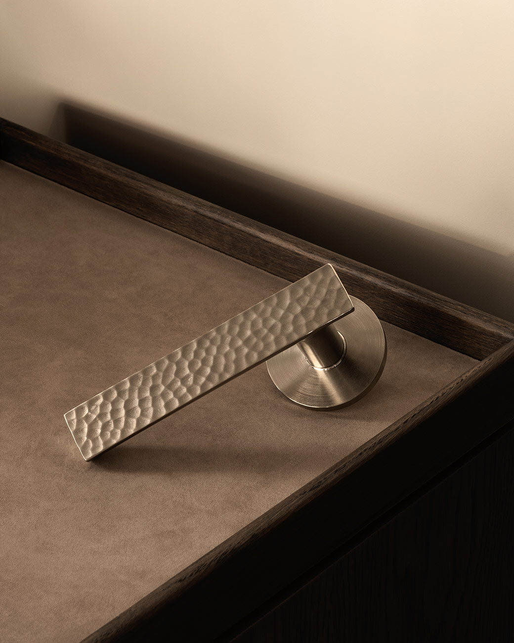 CARVE door handle set in Satin Nickel by BRANDT Copenhagen. Designed in collab with Norm architects.