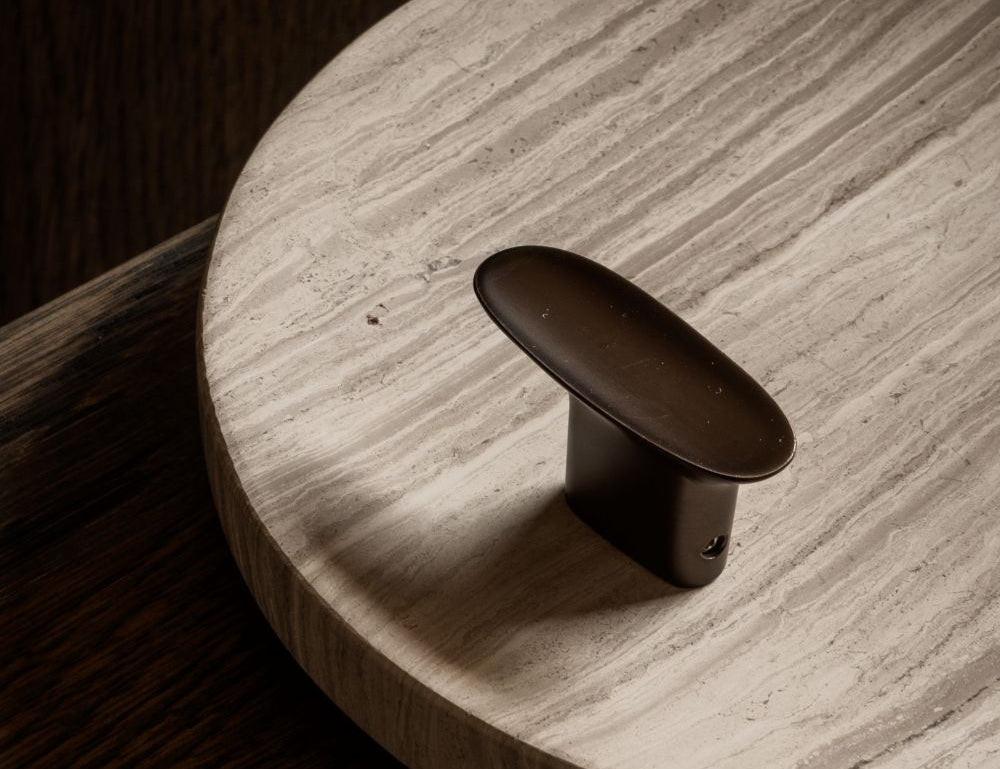 LEAF hook in Burnished Brass by BRANDT Collective. A hardware collection in collab with Norm architects consisting of knobs, T-bars and pull bars.
