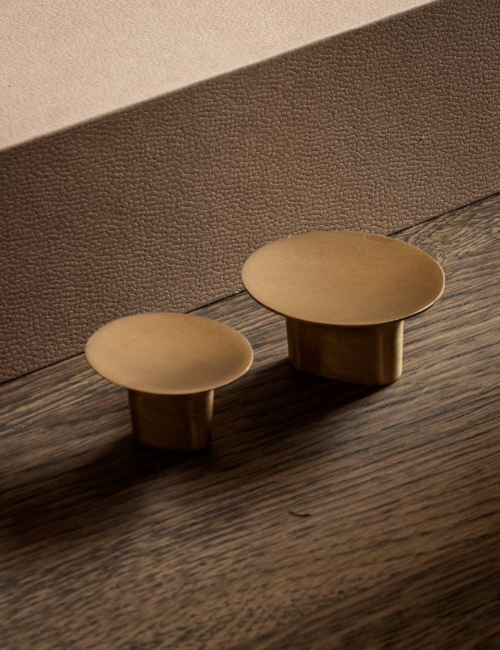 brandt copenhagen leaf knob and leaf knob small cabinet knobs in satin brass. Designed by Norm architects.