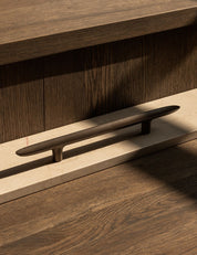 LEAF pull bar 400 mm in burnished brass by BRANDT Copenhagen and Norm architects. Kitchen handle in solid brass - ideal as appliance pull.