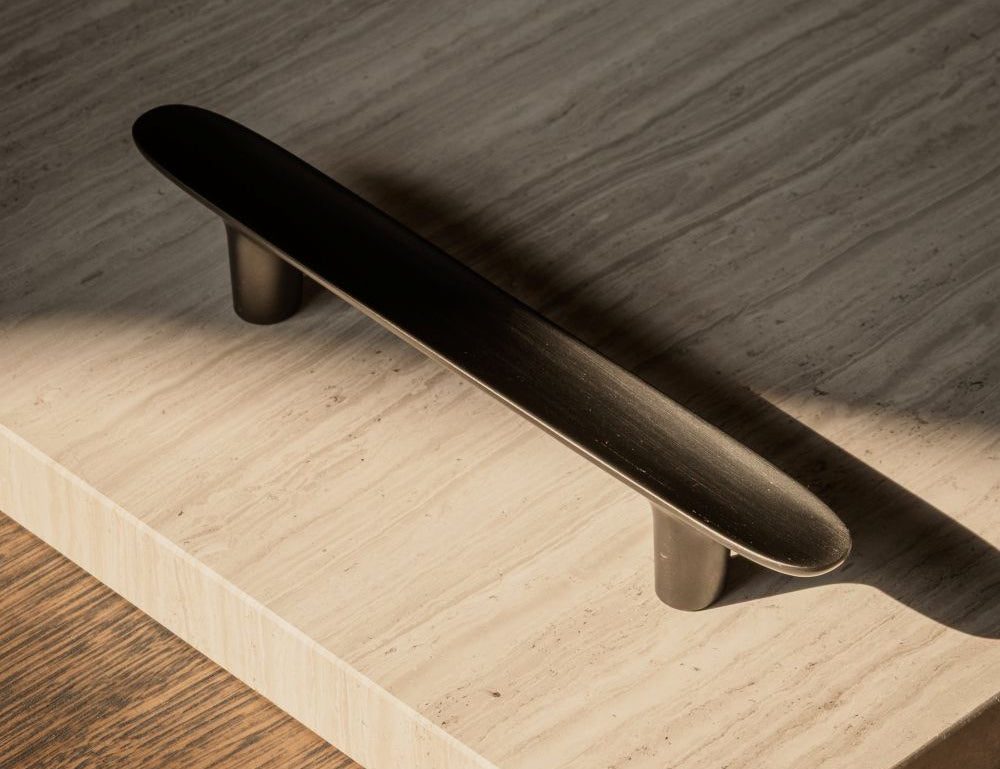 LEAF pull bar 160 mm in gunmetal black by BRANDT Copenhagen and Norm architects. Kitchen handle in solid brass.