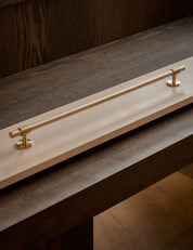 SIGNATURE 30 pull bar handle 476 mm in Burnished Brass. This closet pull or appliance pull from BRANDT Copenhagen are suitable for bespoke furniture, kitchens, wardrobes, and bathroom cabinetry. Luxury hardware made of solid brass.