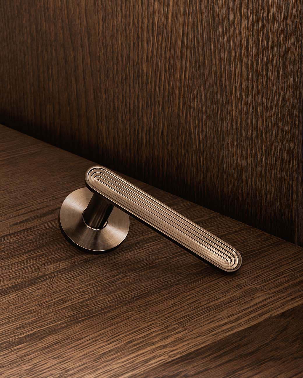 TERRACE door handle set in Gunmetal from BRANDT Copenhagen. Designed in collab with Norm architects. 