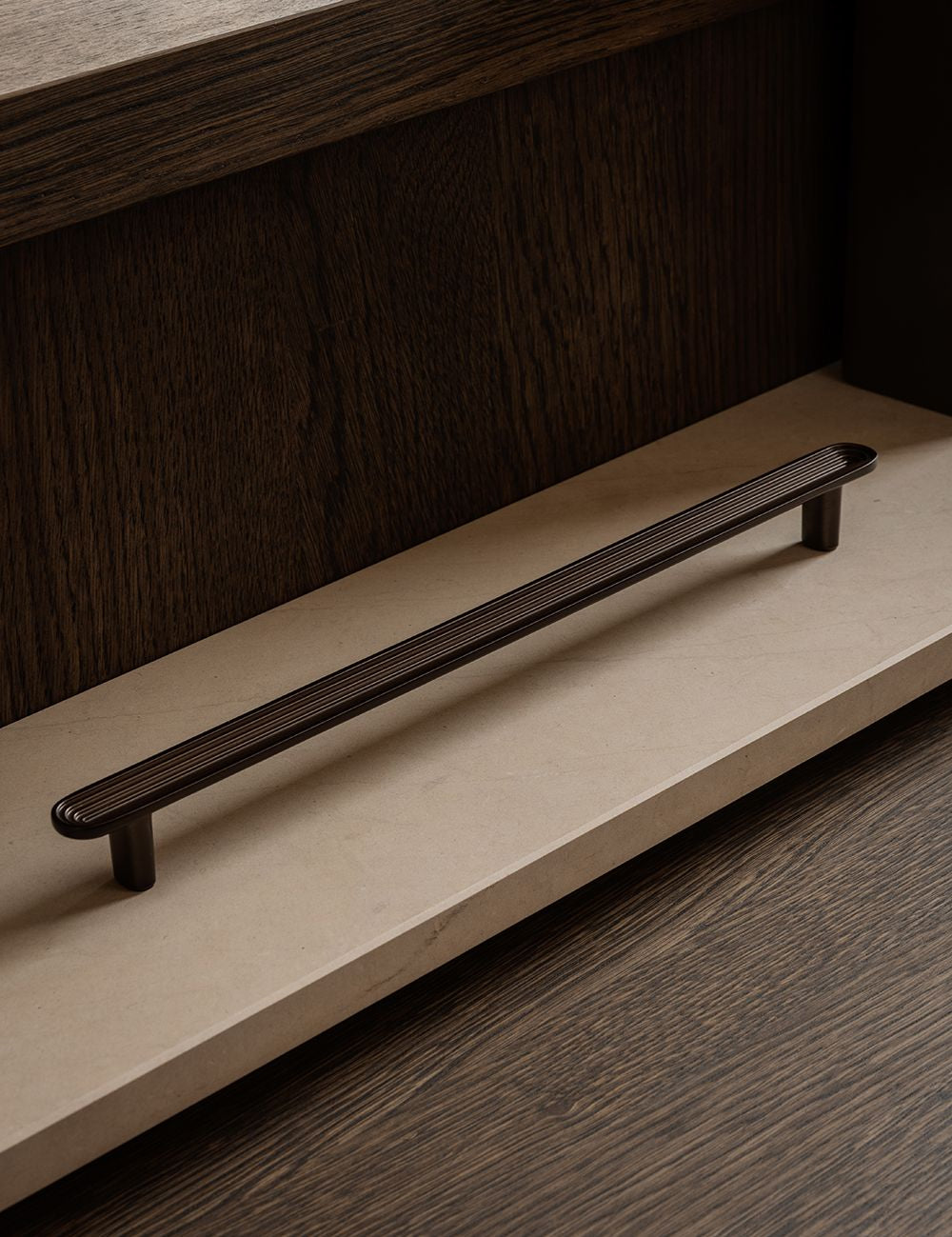 TERRACE pull bar 300mm in Burnished Brass by BRANDT Copenhagen. A hardware collection in collab with Norm architects consisting of knobs, T-bars and pull bars.