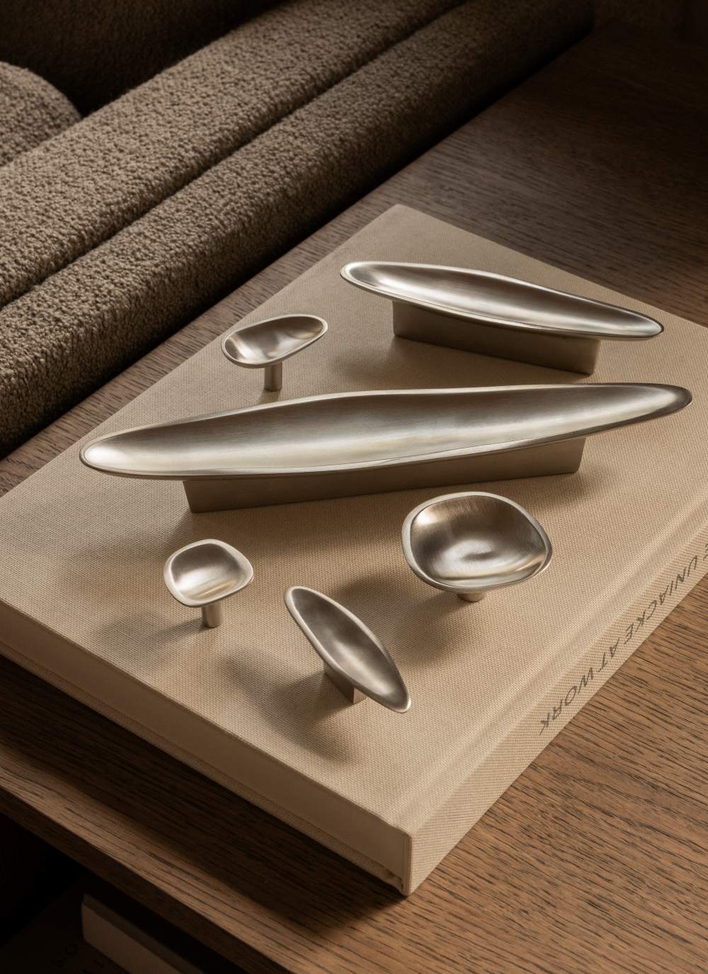 VALE pull bar short in Satin Nickel. Part of our organic hardware collection. Made of solid brass. Designed by Julie Brandt for BRANDT Copenhagen.