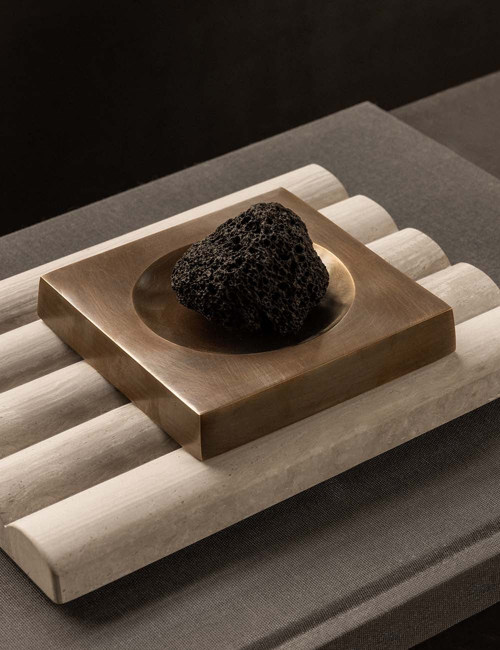 PLATEAU tray in Burnished Brass with LAVA rock on ARDEN tray